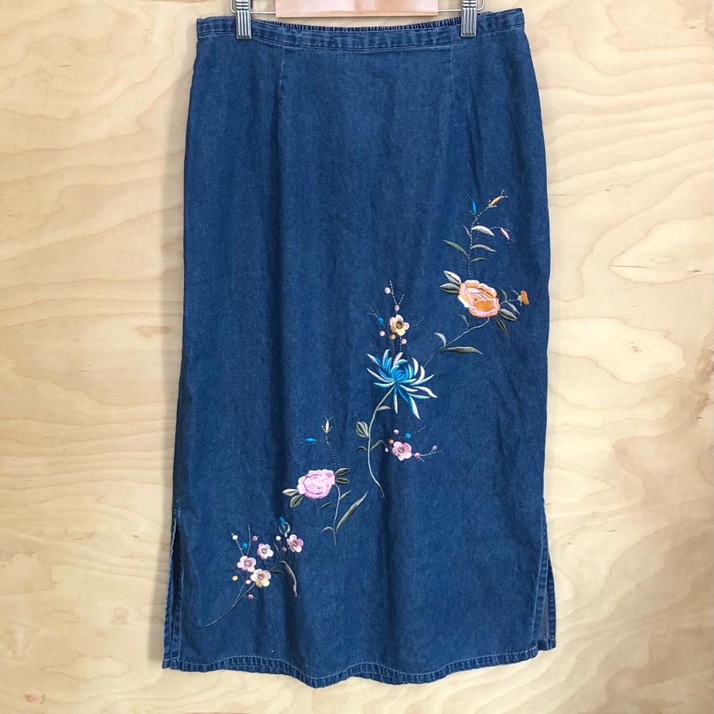 Vintage Blair Blue Maxi Skirt Embroidery Slit 100% Cotton Womens Sz M